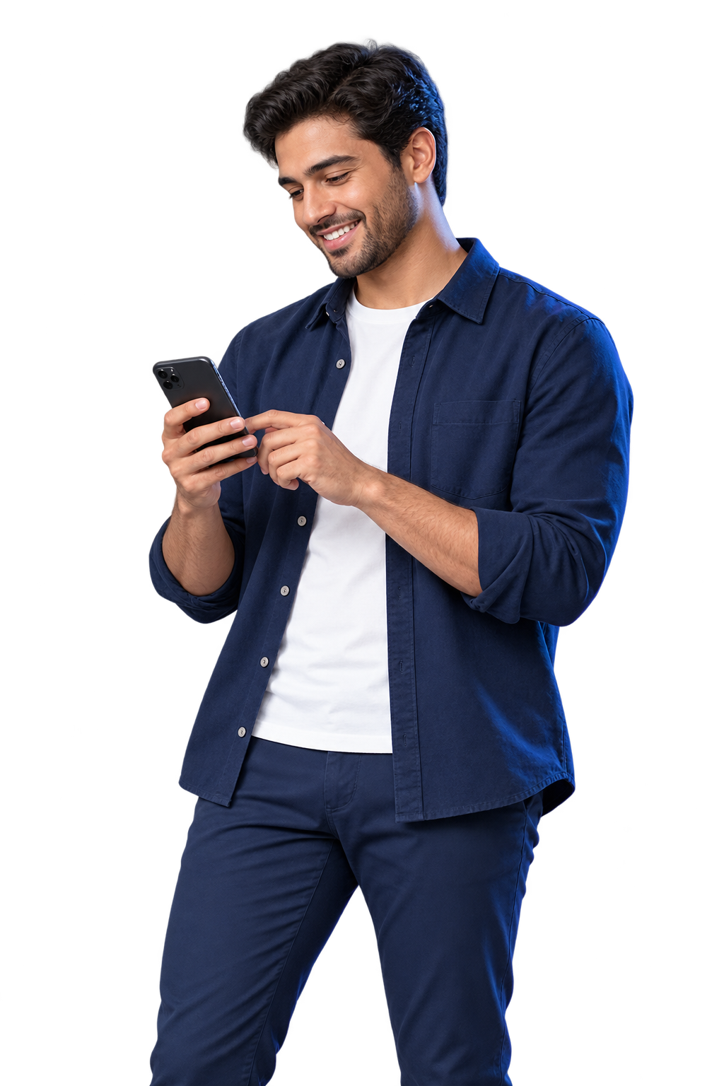 A professional smiling while using the PrimeCall app on his phone.