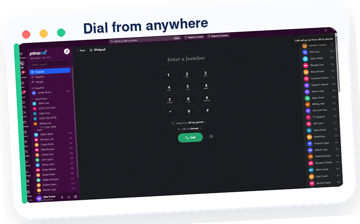 PrimeCall dialpad with the team directory alongside.
