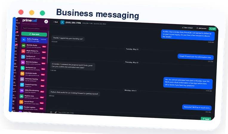 PrimeCall business messaging conversation with a customer.