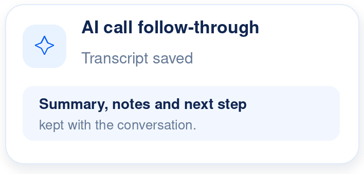 AI call follow-through card: transcript saved, with summary, notes and next step kept with the conversation.
