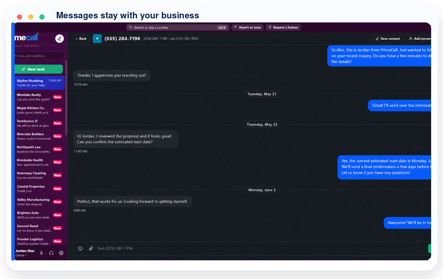 PrimeCall business texting view with a list of customer threads and an SMS conversation.