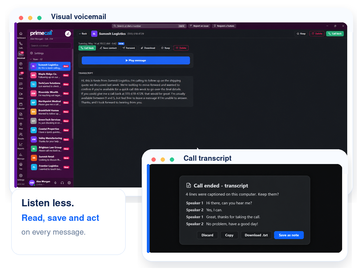 PrimeCall visual voicemail with a written transcript, and a call transcript card with options to copy, download or save as a note.