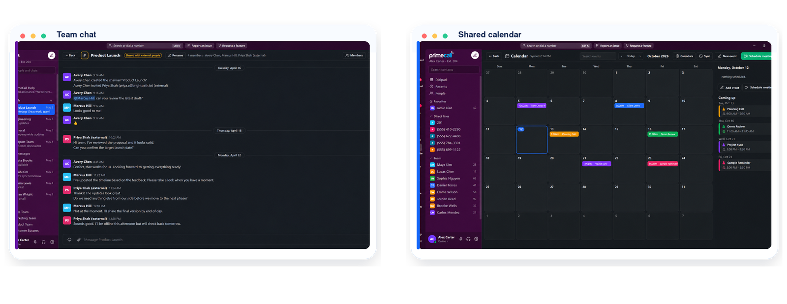 PrimeCall team chat channel and shared calendar side by side.