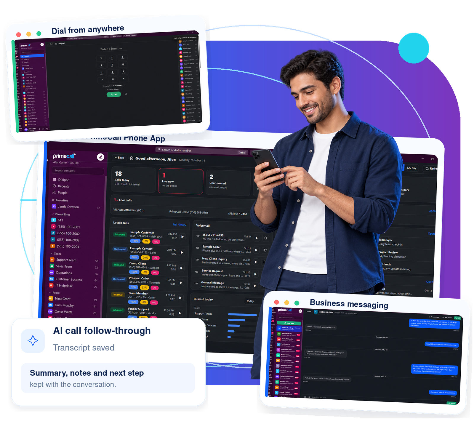 The PrimeCall Phone App on desktop with the dialpad, business messaging and AI call follow-through, and a professional using PrimeCall on his phone.